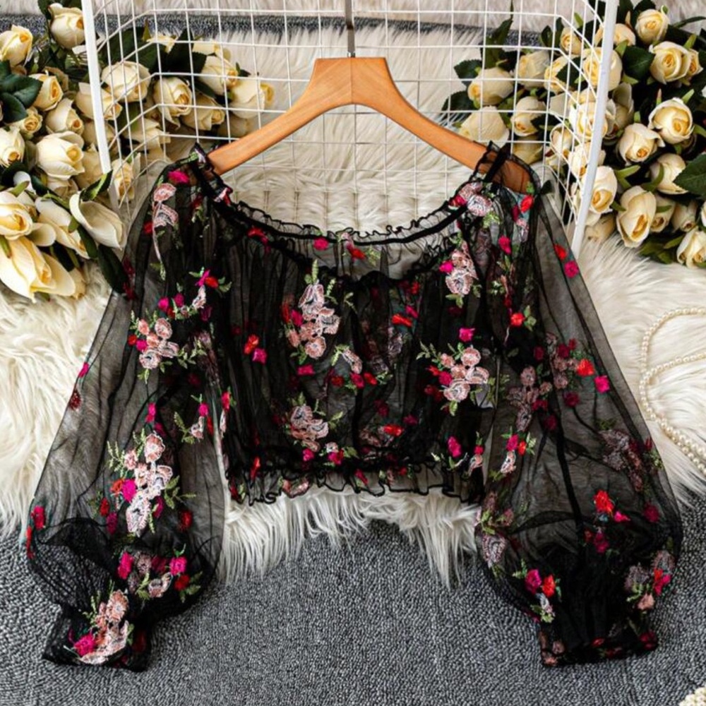SHEIN Plus Size Off Shoulder Floral Embroidered Sheer Puff Long Sleeve Cover Up